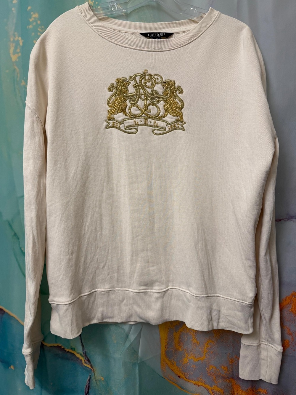 Lauren Ralph Lauren crewneck sweatshirt beaded crest embroidery Sz: S